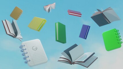 Flying Notes and Books against a Sky background, 3d illustration, 3d rendering