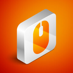 Isometric Computer mouse icon isolated on orange background. Optical with wheel symbol. Silver square button. Vector