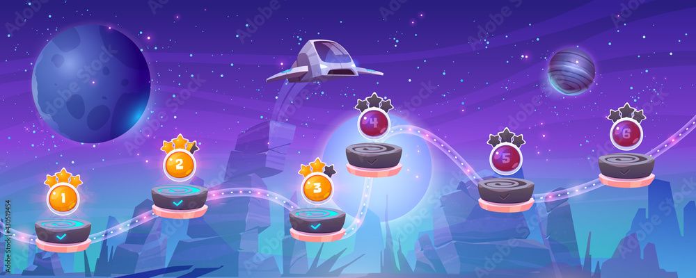 Poster mobile arcade with spaceship, interstellar shuttle hover above alien planet with rocks and assets on