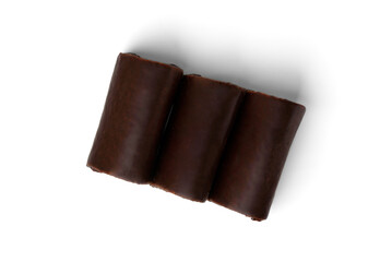 Chocolate glazed cake rolls with berry jam isolated on white background. Top view.