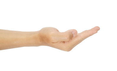 Hand gestures and symbols for receiving or asking for things or holding with a man's right hand. Isolated on a white background. With cutting path