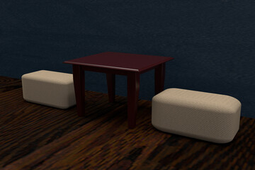 A 3d rendering of a dimly lit wooden table and seats.