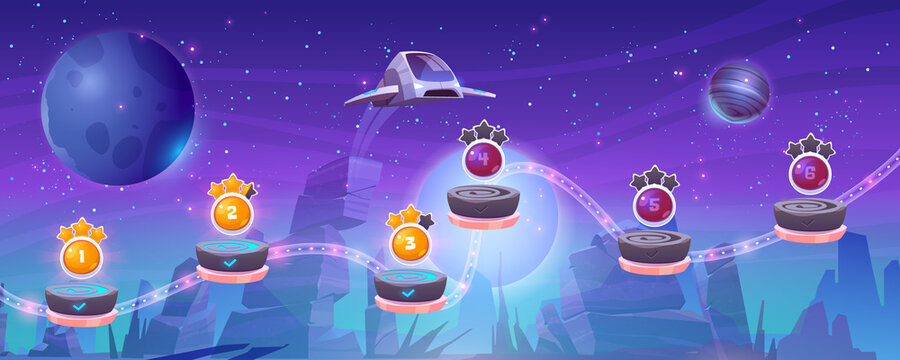 Mobile arcade with spaceship, interstellar shuttle hover above alien planet with rocks and assets on flying rocky platforms, fantasy game design, extraterrestrial landscape Cartoon vector illustration