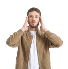 Shocked handsome man on white background