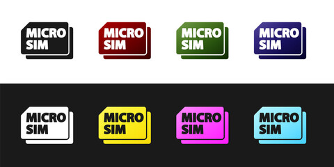Set Micro Sim Card icon isolated on black and white background. Mobile and wireless communication technologies. Network chip electronic connection. Vector