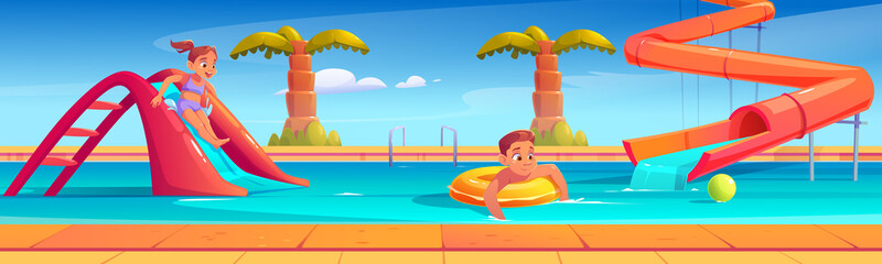 Obraz na płótnie Canvas Kids in aquapark, amusement aqua park with water attractions, girl riding slide, boy swimming in pool on inflatable ring, outdoor playground for children entertainment, Cartoon vector illustration