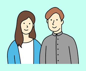 若い男性と女性のイラスト。恋人や夫婦のイメージ。カジュアルな服装の男女が微笑んで並んでいる。おしゃれな手書きのイラスト。