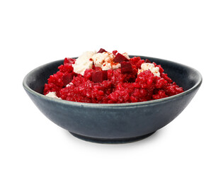 Plate with tasty beet risotto on white background
