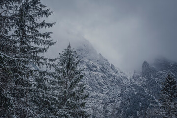 Cloudscape over Giewont Peak, Tatra Mountains, Poland. November in Podhale region. Spooky mood in the forest area. Selective focus on the rocks, blurred background.