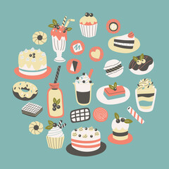 Hand drawn Muffin, cocktail, macaroon, cupcake and candy. Vector Illustration hand drawing doodle style.