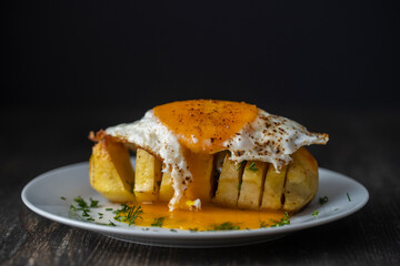 Baked potato with fried egg in white plate, close up