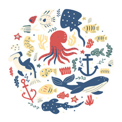 Vector cute illustration with octopus, whale, various fish and plants.