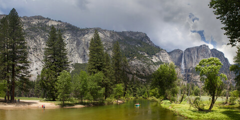 Panoramic Yosemite falls and the river with forest from Yosemite valley, National park, California in the USA
