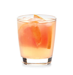 Glass of tasty grapefruit lemonade on white background