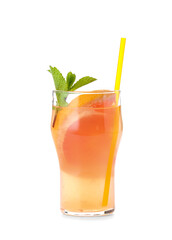 Glass of tasty grapefruit lemonade on white background