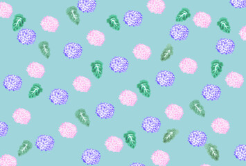 水彩　可愛い　あじさい　パターン　花と葉　別々　背景　青色