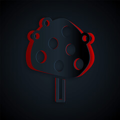 Paper cut Orange tree with fruits icon isolated on black background. Paper art style. Vector