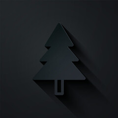 Paper cut Christmas tree icon isolated on black background. Merry Christmas and Happy New Year. Paper art style. Vector