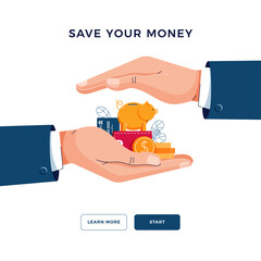 Save your money concept. Businessman is holding hands over the wealth. Money protection, financial saving insurance, safe business economy for web, banner design. Modern flat vector illustration