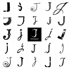 Monogram J. Set of handwritten stylish letters. Pencil and brushwork. Graphic elements for logo, postcard, posters, packages. The letters are drawn in various styles from elegant to street art.