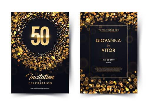 50th years birthday vector black paper luxury invitation double card. Fifty years wedding anniversary celebration brochure. Template of invitational for print dark background with bokeh lights
