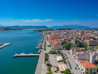Naklejka na ściany i meble Aerial view over the seaside Preveza city port in Epirus, Greece
