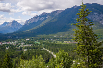 landscape with lake and mountains.  Banff town, Alberta, Canada