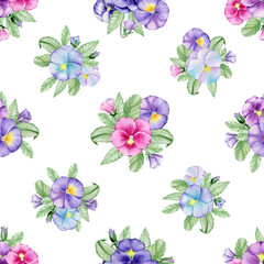 Pansies, purple, blue, pink, watercolor seamless pattern, Viola, buds and leaves, on an isolated background.
