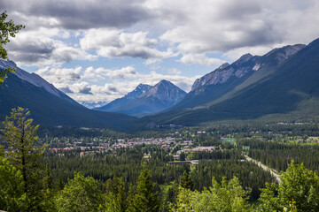 landscape with lake and mountains Banff town, Alberta, Canada