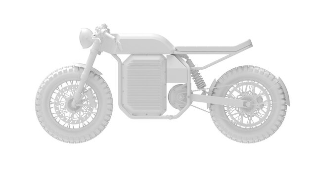 3D rendering of an electric motorcycle motor bike computer model on white background