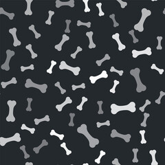 Grey Dog bone icon isolated seamless pattern on black background. Pets food symbol. Vector