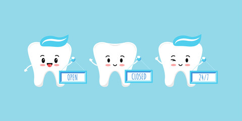 Cute teeth holds plate with open closed  24 7 text isolated on blue background. Flat cute design tooth boys dental emoticon for clinic work time. Vector cartoon dentistry characters illustration. 