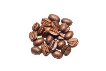 Roasted coffee beans isolated on the white background. Top view.