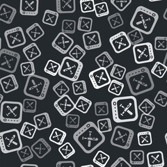 Grey Monitor with baseball ball and bat on the screen icon isolated seamless pattern on black background. Online baseball game. Vector