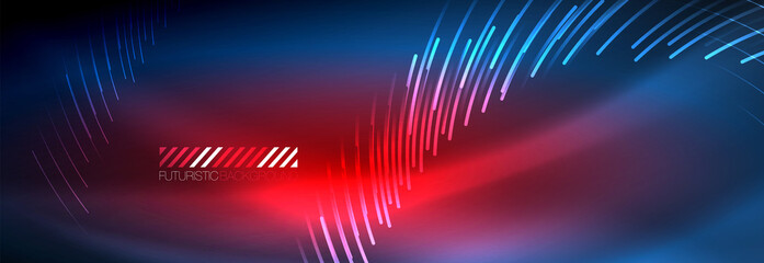 Neon glowing lines, magic energy and light motion background. Vector wallpaper template