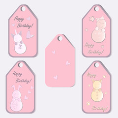 Set of Cards Happy Birthday with cartoon animals, hearts, stars.