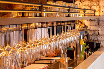 Glasses on the bar. Restaurant interior