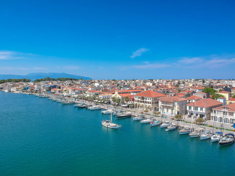 Aerial view over the seaside Preveza city port in Epirus, Greece