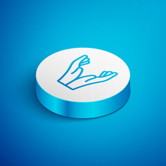 Isometric line Hands in praying position icon isolated on blue background. Prayer to god with faith and hope. White circle button. Vector Illustration
