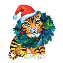 Little tiger with New Year celebration elements - red hat and christmas wreath. New Year 2022 Symbol. Watercolor illutration - isolated element on white background.