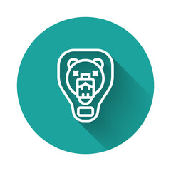 White line Bear head on shield icon isolated with long shadow. Hunting trophy on wall. Green circle button. Vector