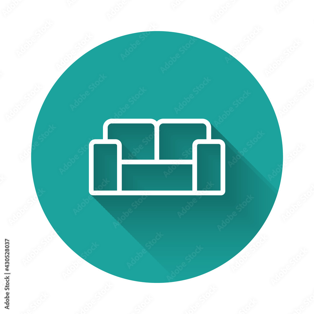 Poster white line sofa icon isolated with long shadow. green circle button. vector