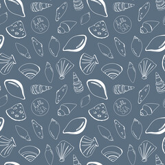 Seashell contour doodle seamless square pattern isolate on blue background. Digital art. Print for menu, cafe, packaging, tesktil, postcard, banner, poster, brand