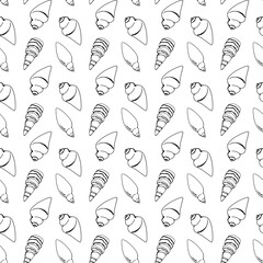 Seashell contour doodle seamless square pattern isolate on white background. Digital art. Print for menu, cafe, packaging, tesktil, postcard, banner, poster, brand