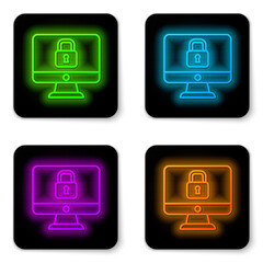 Glowing neon line Lock on computer monitor screen icon isolated on white background. Security, safety, protection concept. Safe internetwork. Black square button. Vector