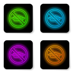 Glowing neon line Food no diet icon isolated on white background. Healing hunger. Black square button. Vector