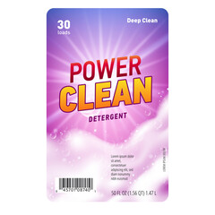 Design template of label for laundry detergent with realistic soap foam and sun flare light.