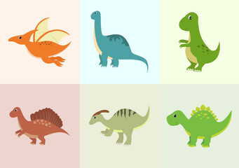 Cute Dinosaurs Cartoon Characters Illustration as Spinosaurus, Parasaurolophus, Stegosaurus, Tyrannosaurus, Pterodactyl, and Diplodocus. Wallpaper Background Template