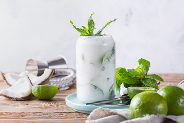 Tropical Caribbean cocktail mojito with coconut cream and hard seltzer