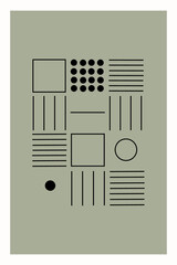 Poster with geometric shapes on a grey background. Contemporary art. Minimalism. Vintage illustration with circles, lines. Template for wallpapers, covers, and T-shirt prints.